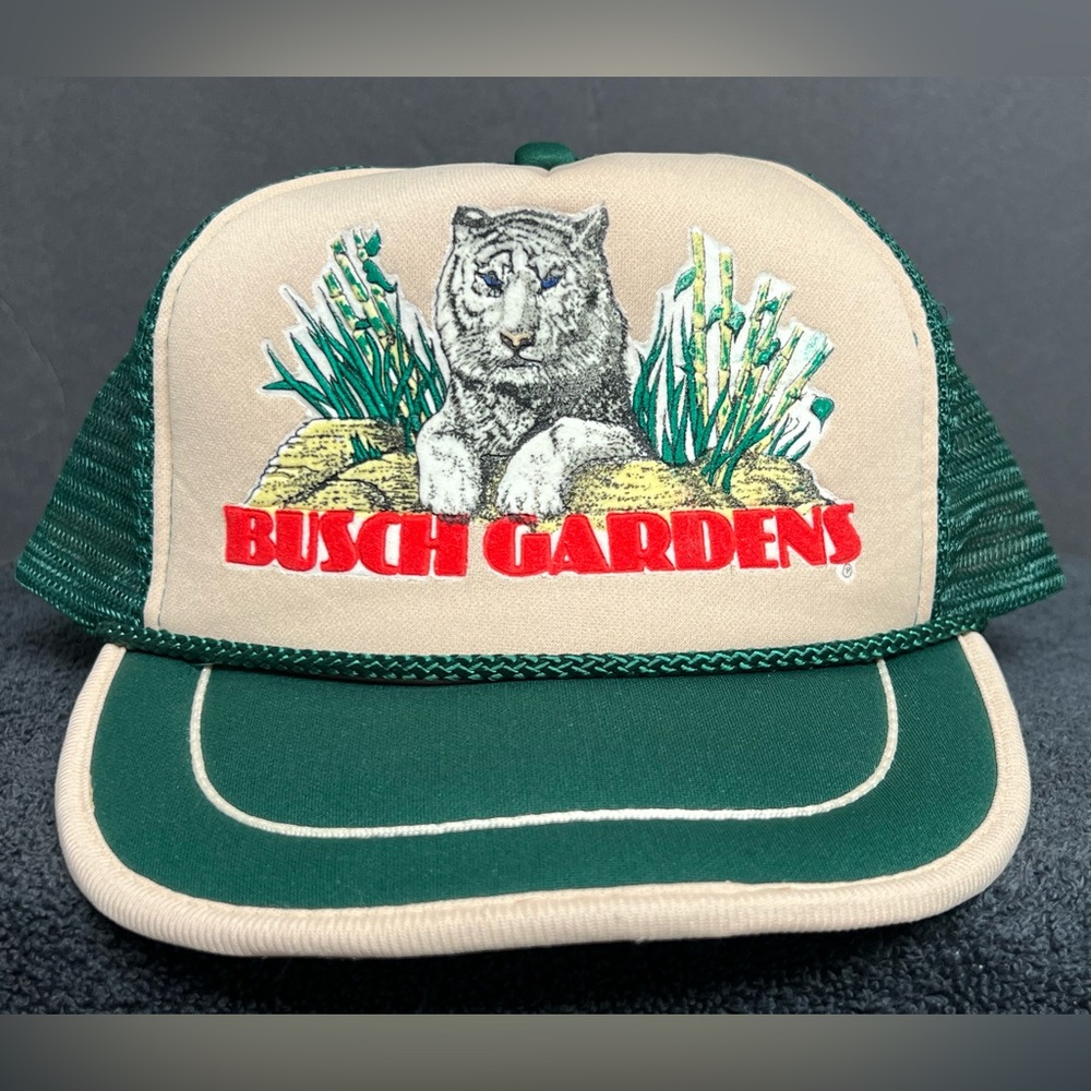 Vintage VTG Busch Gardens Hat Snapback Trucker Cap Mens Green Beige 80s 90s NWOT
